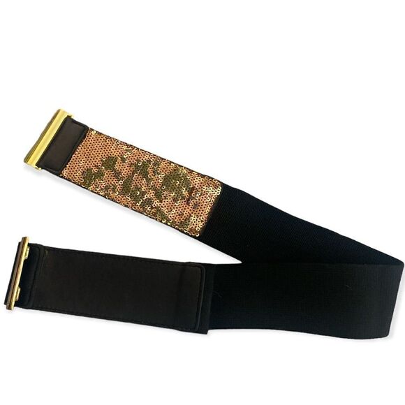 BCBGMaxazria black gold sequin stretch belt - Picture 1 of 4